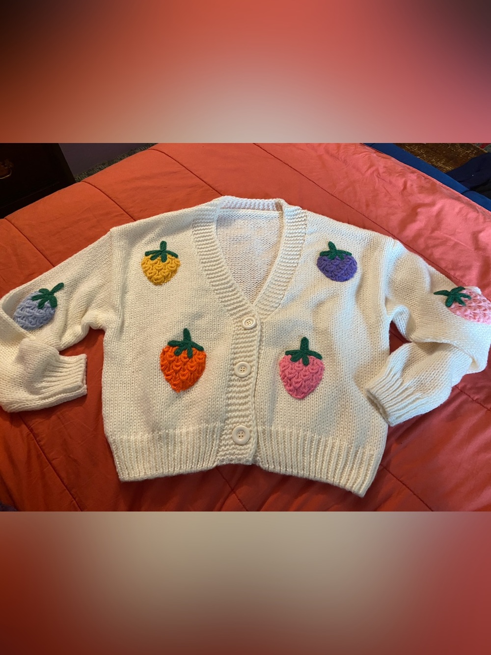 Hand Knit Cardigan with Whimsical Strawberry Motif
